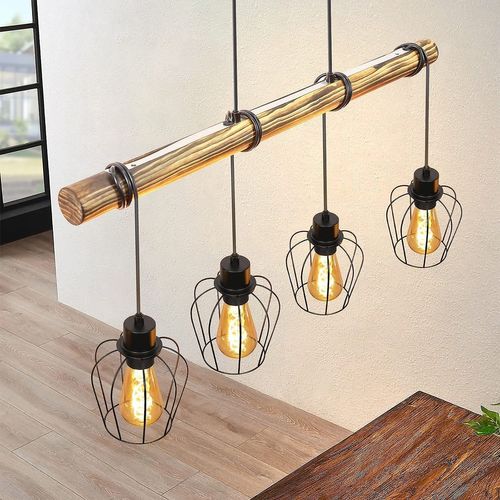 Suspension Rétro Vintage 4 Lampes Bois Design Industriel Réglables