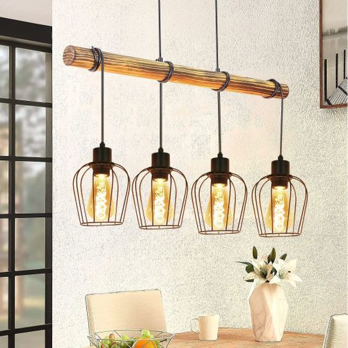 Suspension Rétro Vintage 4 Lampes Bois Design Industriel Réglables