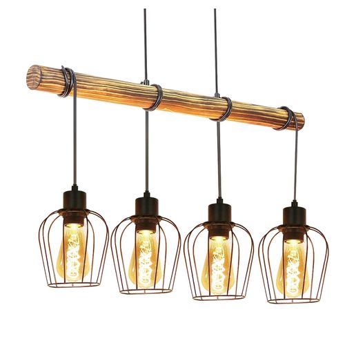 Suspension Rétro Vintage 4 Lampes Bois Design Industriel Réglables