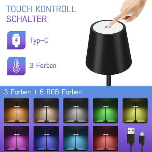Lampes De Table Lot De 2 LED Rgb Tactile Sans Fil Noir Ip54 USB