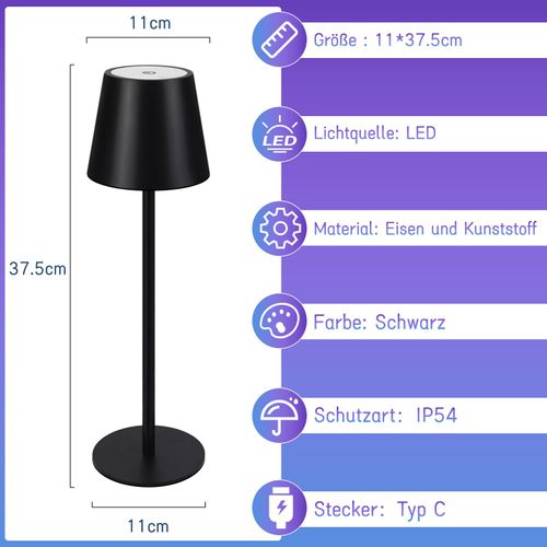 Lampes De Table Lot De 2 LED Rgb Tactile Sans Fil Noir Ip54 USB