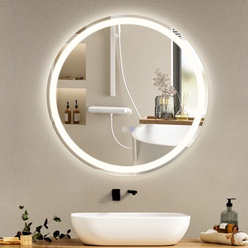 Miroir Lumineux Salle De Bain Rond 50 Cm LED, Mural Interrupteur Tactile Ip44 Réglable 3000k-6500k