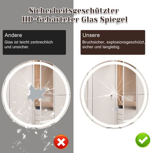 Miroir Lumineux Salle De Bain Rond 50 Cm LED, Mural Interrupteur Tactile Ip44 Réglable 3000k-6500k