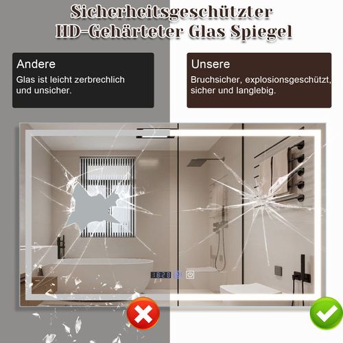 Miroir Lumineux Salle De Bain 100x60 Cm LED Ip44 Interrupteur Horloge Désembuage Réglable