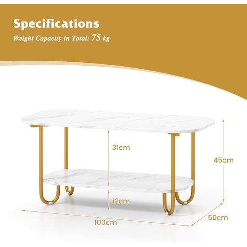 Table Basse Marbre, Table De Salon 2 Niveaux, Cadre Métallique Robuste, Blanc+doré, 100 X 50 X 45 Cm