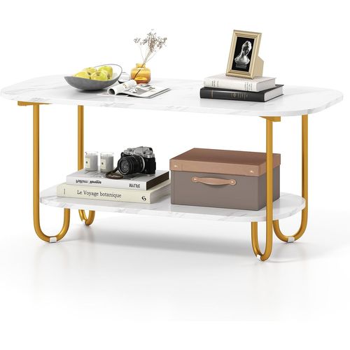 Table Basse Marbre, Table De Salon 2 Niveaux, Cadre Métallique Robuste, Blanc+doré, 100 X 50 X 45 Cm