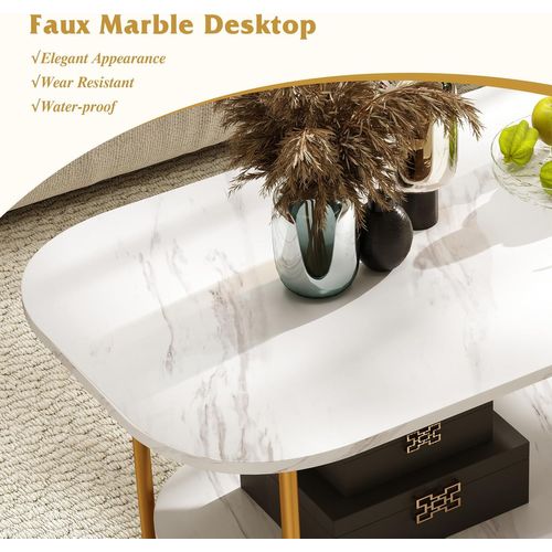 Table Basse Marbre, Table De Salon 2 Niveaux, Cadre Métallique Robuste, Blanc+doré, 100 X 50 X 45 Cm