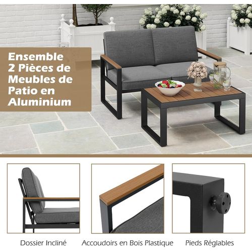 Salon De Jardin 2 Pièces Avec Table Basse Causeuse, Ensemble De Meubles D'extérieur En Aluminium