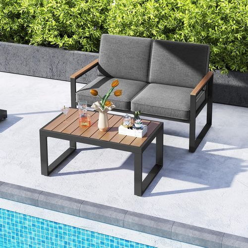 Salon De Jardin 2 Pièces Avec Table Basse Causeuse, Ensemble De Meubles D'extérieur En Aluminium