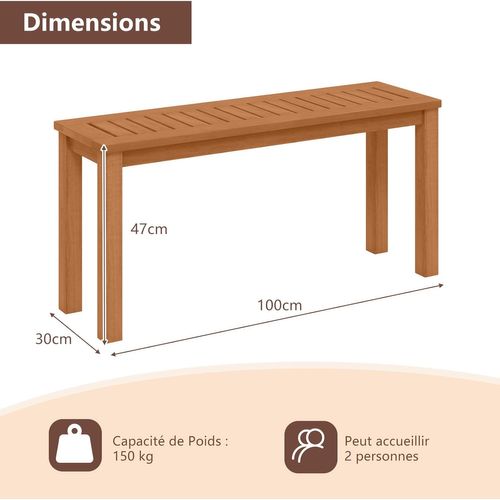 Banc De Jardin, Banc Bois Extérieur, 2 Places, 100 X 30 X 47 Cm, Charge 150 Kg, Siège à Lattes