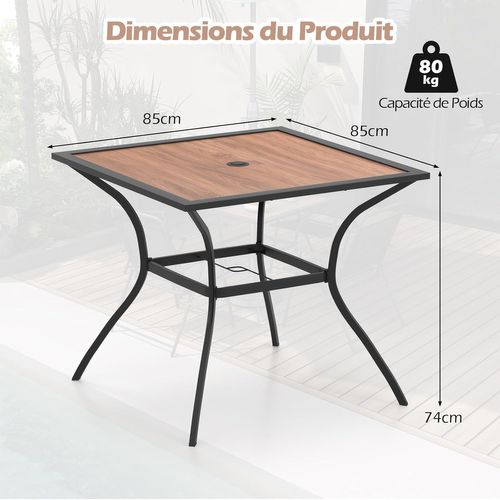 Table De Jardin Carrée Pour 4 Personnes, Table Bistrot Avec Trou Pour Parasol Réglable