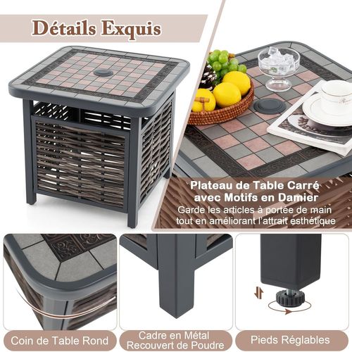 Table De Jardin Carrée Plateau En Résine 55 Cm, Table Basse De Patio En Rotin Pe