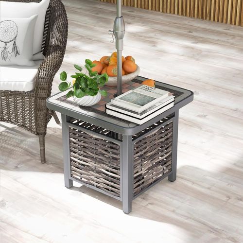 Table De Jardin Carrée Plateau En Résine 55 Cm, Table Basse De Patio En Rotin Pe