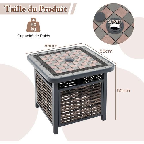 Table De Jardin Carrée Plateau En Résine 55 Cm, Table Basse De Patio En Rotin Pe