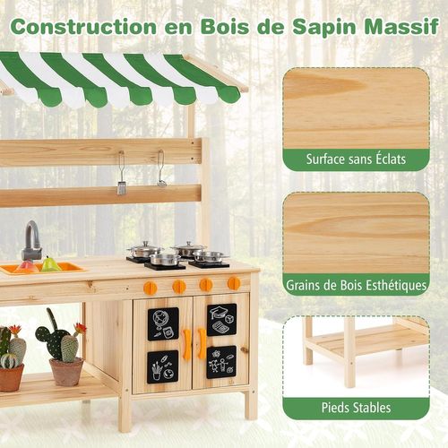Cuisine Extérieure Enfant Avec Tableau Noir Et Auvent, Jeu De Cuisine En Bois De Sapin