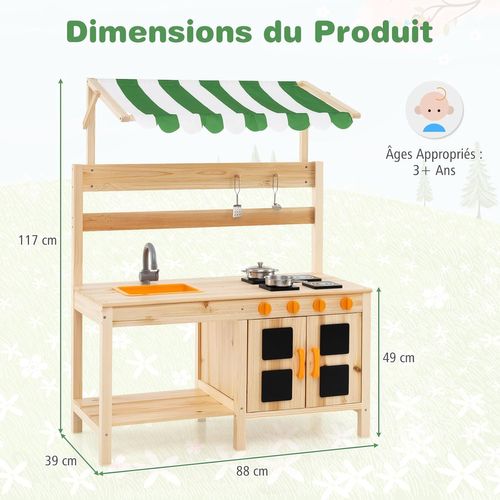 Cuisine Extérieure Enfant Avec Tableau Noir Et Auvent, Jeu De Cuisine En Bois De Sapin
