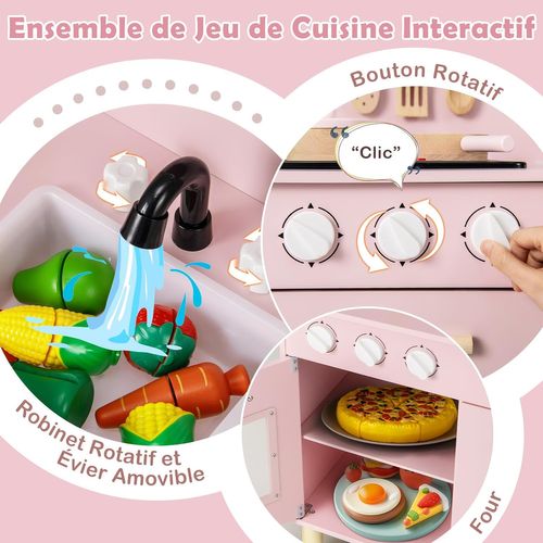 Cuisine Enfant En Bois Avec Lumière Et Son Et 10 Accessoires(rose)