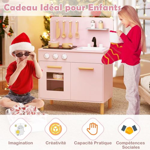 Cuisine Enfant En Bois Avec Lumière Et Son Et 10 Accessoires(rose)