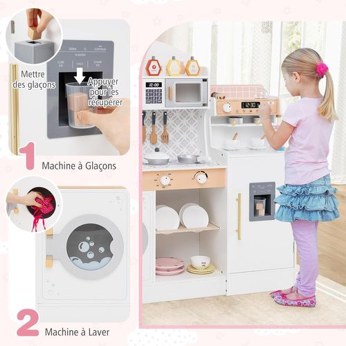 Cuisine Enfant En Bois Avec Machine à Café Et Machine à Glaçons, Jeu De Cuisine Enfant (blanc)