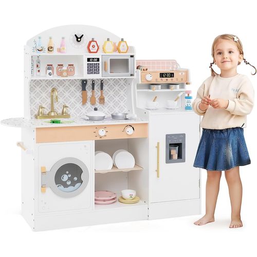 Cuisine Enfant En Bois Avec Machine à Café Et Machine à Glaçons, Jeu De Cuisine Enfant (blanc)