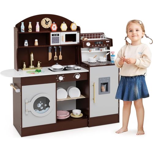 Cuisine Enfant En Bois Avec Machine à Café Et Machine à Glaçons, Jeu De Cuisine Enfant (marron)