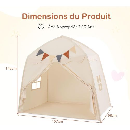 Tente De Jeux Enfant Avec Guirlandes Lumineuses Et Drapeaux, Cabane Enfant Interieure (beige)