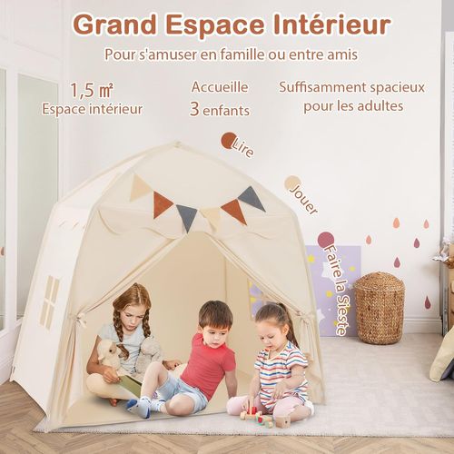 Tente De Jeux Enfant Avec Guirlandes Lumineuses Et Drapeaux, Cabane Enfant Interieure (beige)