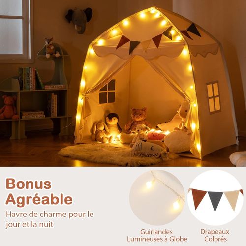 Tente De Jeux Enfant Avec Guirlandes Lumineuses Et Drapeaux, Cabane Enfant Interieure (beige)