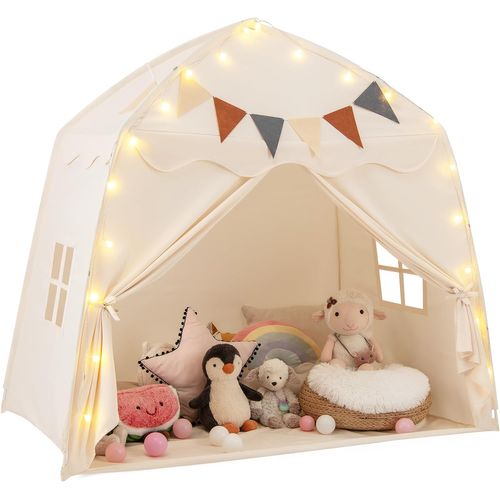Tente De Jeux Enfant Avec Guirlandes Lumineuses Et Drapeaux, Cabane Enfant Interieure (beige)