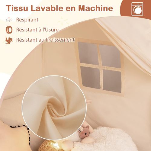 Tente De Jeux Enfant Avec Guirlandes Lumineuses Et Drapeaux, Cabane Enfant Interieure (beige)
