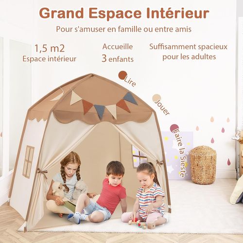 Tente De Jeux Enfant Avec Guirlandes Lumineuses Et Drapeaux, Cabane Enfant Interieure (beige + Café)