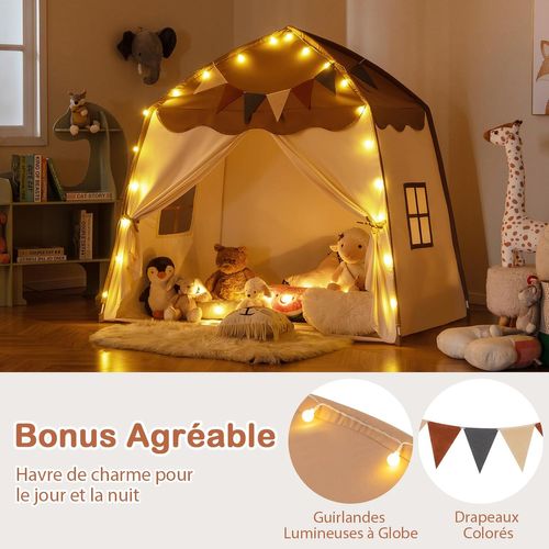Tente De Jeux Enfant Avec Guirlandes Lumineuses Et Drapeaux, Cabane Enfant Interieure (beige + Café)