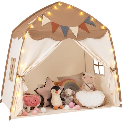 Tente De Jeux Enfant Avec Guirlandes Lumineuses Et Drapeaux, Cabane Enfant Interieure (beige + Café)