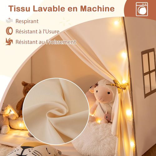 Tente De Jeux Enfant Avec Guirlandes Lumineuses Et Drapeaux, Cabane Enfant Interieure (beige + Café)
