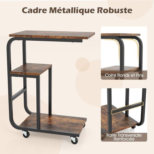 Table D’appoint En Forme De C, Bous De Canapé à Roulette, Etagères Ouvertes, Marron Rustique (2)