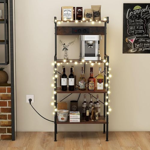 Étagère De Cuisine Avec Multiprise, Support Pour Micro-ondes 4 Niveaux, Marron Rustique Et Noir