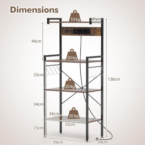Étagère De Cuisine Avec Multiprise, Support Pour Micro-ondes 4 Niveaux, Marron Rustique Et Noir