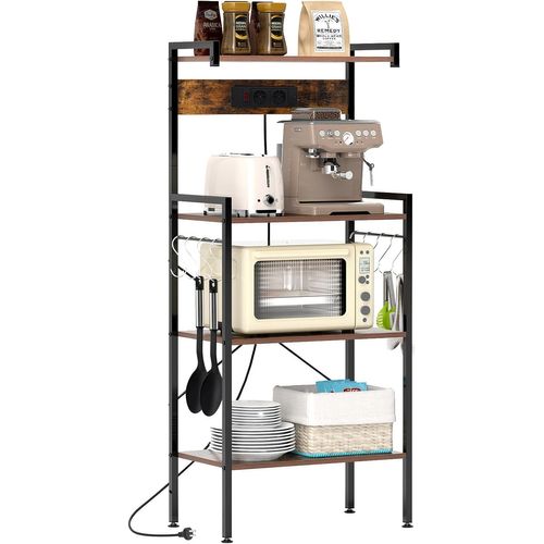 Étagère De Cuisine Avec Multiprise, Support Pour Micro-ondes 4 Niveaux, Marron Rustique Et Noir