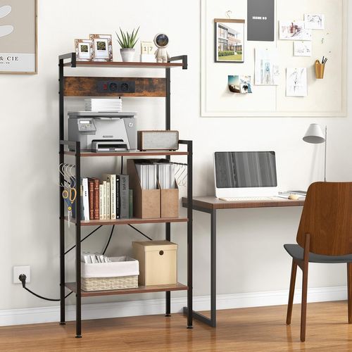 Étagère De Cuisine Avec Multiprise, Support Pour Micro-ondes 4 Niveaux, Marron Rustique Et Noir