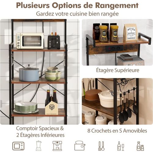 Étagère De Cuisine Avec Multiprise, Support Pour Micro-ondes 4 Niveaux, Marron Rustique Et Noir