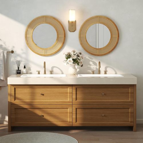 Miroir Mural En Rotin, Miroir Rond Ø 65 Cm, Cadre En Bois, Verre En Aluminium (65 × 65 Cm)