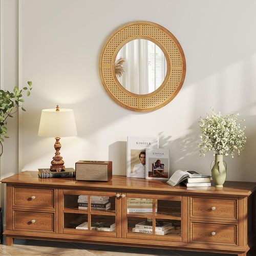Miroir Mural En Rotin, Miroir Rond Ø 65 Cm, Cadre En Bois, Verre En Aluminium (65 × 65 Cm)