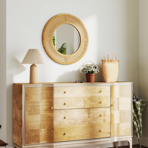 Miroir Mural En Rotin, Miroir Rond Ø 65 Cm, Cadre En Bois, Verre En Aluminium (65 × 65 Cm)