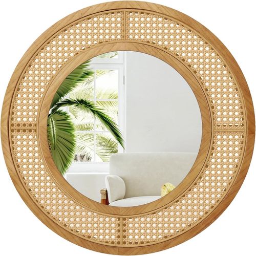 Miroir Mural En Rotin, Miroir Rond Ø 65 Cm, Cadre En Bois, Verre En Aluminium (65 × 65 Cm)