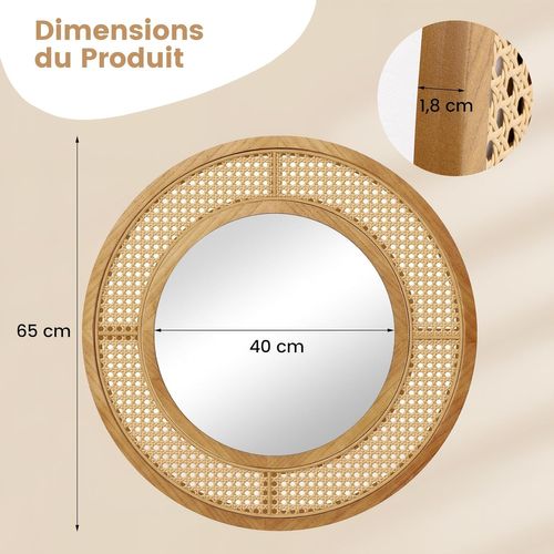 Miroir Mural En Rotin, Miroir Rond Ø 65 Cm, Cadre En Bois, Verre En Aluminium (65 × 65 Cm)