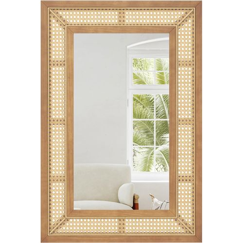 Miroir Mural En Rotin, Miroir Rectangulaire 90 X 60 Cm, Cadre En Bois, Vertical/horizontal