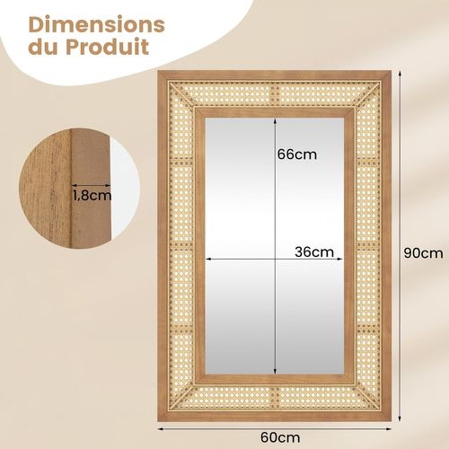 Miroir Mural En Rotin, Miroir Rectangulaire 90 X 60 Cm, Cadre En Bois, Vertical/horizontal