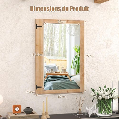 Miroir Mural Rectangulaire 97 X 67 Cm, Grand Miroir En Bois De Sapin, Crochets En Métal, Rustique