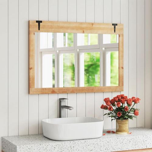 Miroir Mural Rectangulaire 97 X 67 Cm, Grand Miroir En Bois De Sapin, Crochets En Métal, Rustique