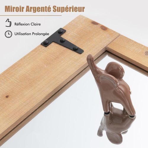 Miroir Mural Rectangulaire 97 X 67 Cm, Grand Miroir En Bois De Sapin, Crochets En Métal, Rustique